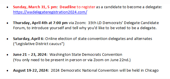 •	Sunday, March 31, 5 pm:  Deadline to register as a candidate to become a delegate:  https://wadelegateregistration2024.com/

•	Thursday, April 4th at 7:00 pm via Zoom:  35th LD Democrats’ Delegate Candidate Forum, to introduce yourself and tell why you’d like to be voted to be a delegate.

•	Saturday, April 6: Online election of state convention delegates and alternates (“Legislative District caucus”)

•	June 21 – 23, 2024:  Washington State Democrats Convention
(You only need to be present in person or via Zoom on June 22nd.)

•	August 19-22, 2024:  2024 Democratic National Convention will be held in Chicago
